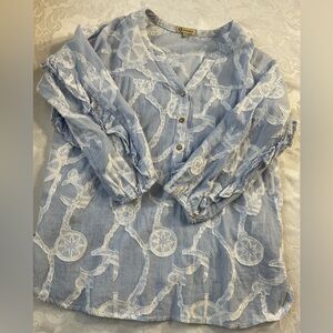 Democracy Blue/white Cotton Peasant Blouse w Embroidered 3/4 Sleeves/Body Size S